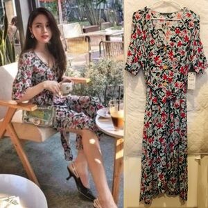 NWT ZARA BELTED FLORAL PRINT MIDI DRESS